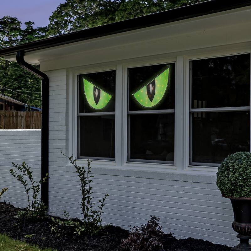 Lighted Eyes Halloween Window Silhouette Decorations - 40" - Green - Set of 2