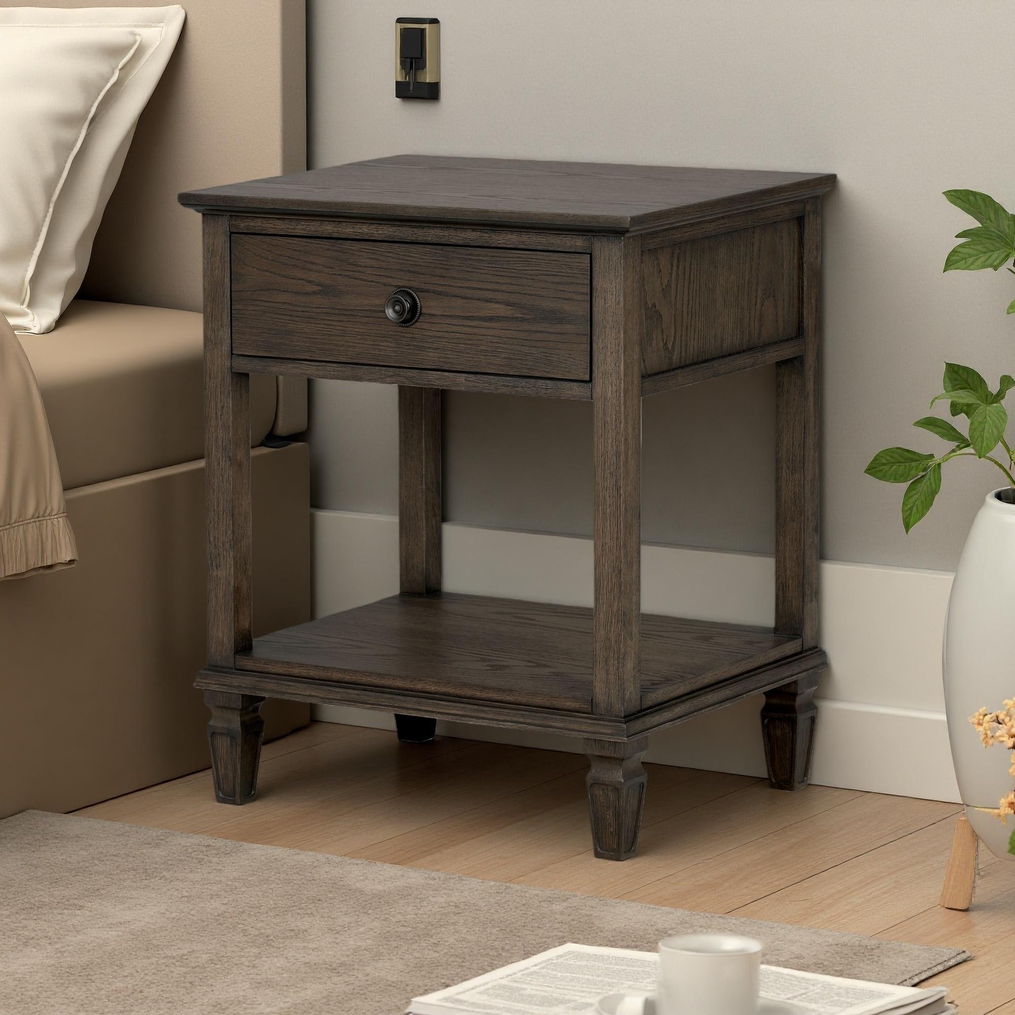 24"L French-Inspired Nightstand with Open Shelf, 1 Drawer, Full Extension Glide, and Oak Finish