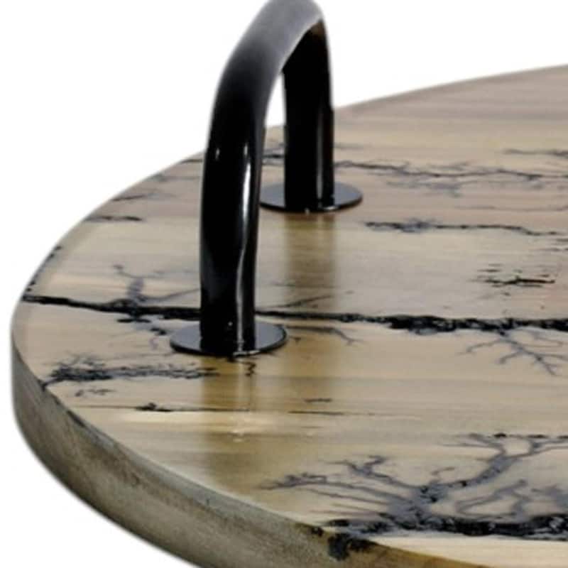 HomeRoots 16" Brown And Black Solid Wood Abstract Round Serving Tray With Handles - 16.00 in. x 3.00 in. x 16.00 in.