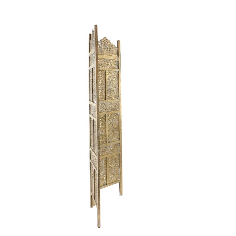 Gold Wooden Handmade Foldable Partition 4 Panel Floral Partition Room Divider Screen with Carved Designs
