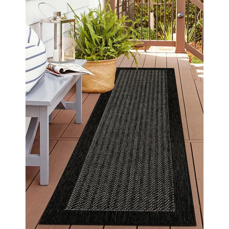 World Rug Gallery Contemporary Bordered Weather Resistant Reversible Indoor/Outdoor Area Rug - 2' x 7' - Black