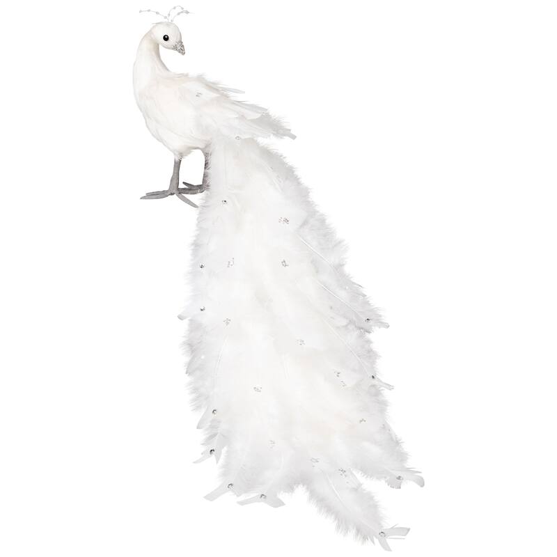 Jeweled and Glittered Peacock Christmas Decoration with Faux Pearls - 24" - White