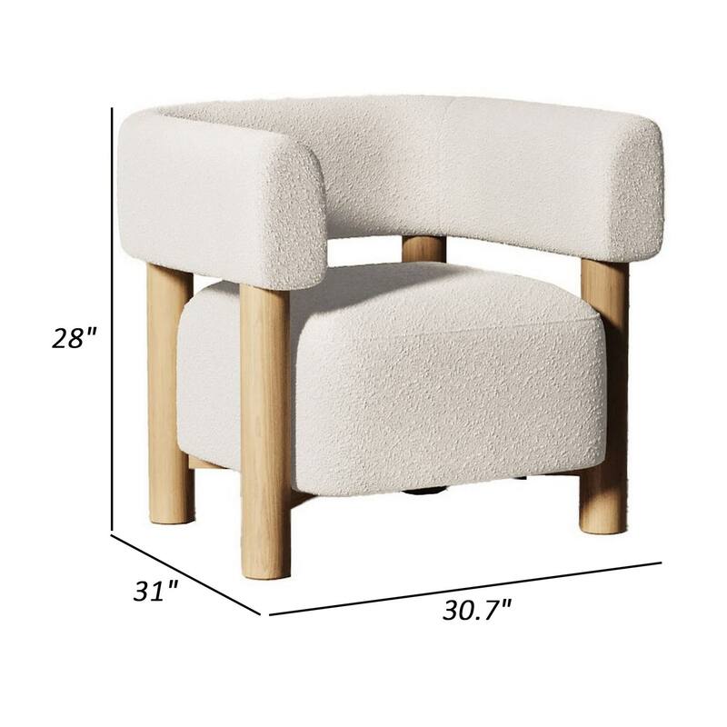 31 Inch Accent Chair, Modern Brown Wood Frame, White Fabric Upholstery