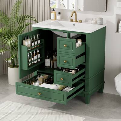 30 in. W Freestanding Bathroom Vanity with White Ceramic Top, 3 Drawers and One Door