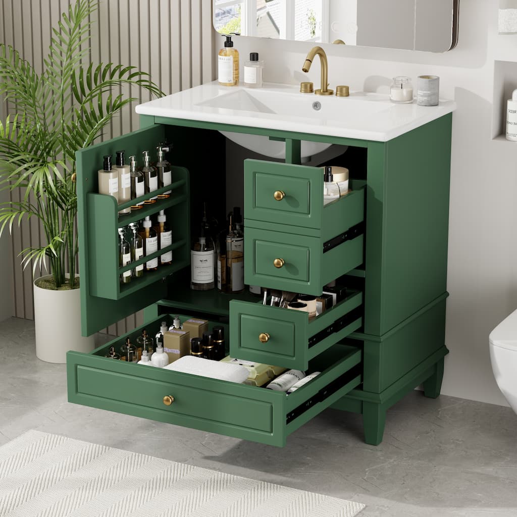 Green 30-Inch Freestanding Vanity with Ceramic Sink, 3 Drawers, Door Shelf, and Gold Knobs