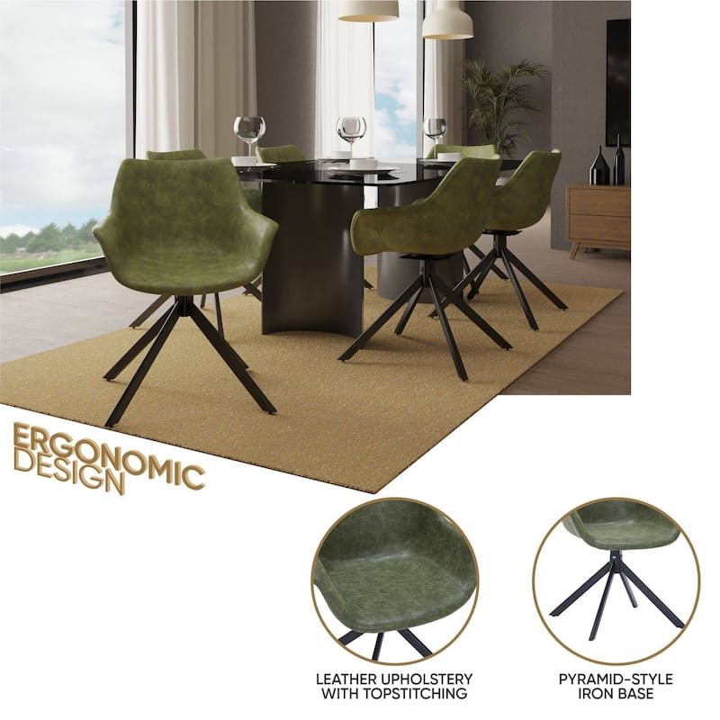 Markley Modern Swivel Dining Chair with Distressed Leather Upholstery, Ergonomic Back, and Black Metal Legs for Home or Office