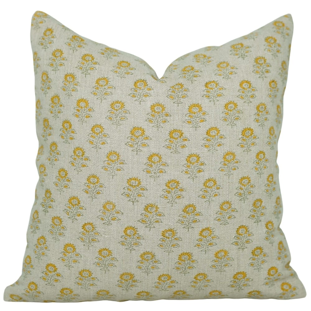 Heavy Linen Yellow Handmade Block Print Pillow Cover for Gift By Fabdivine, Bagru Buti