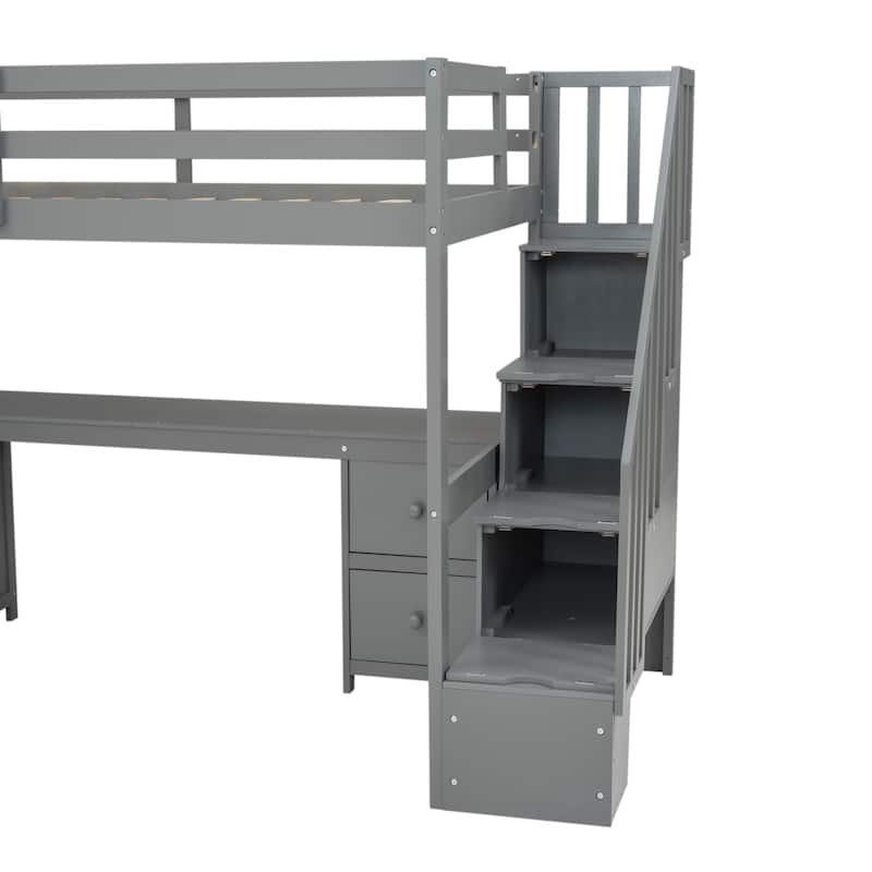 Twin Loft Bed with Built-in Desk and Double Storage Drawers, Gray