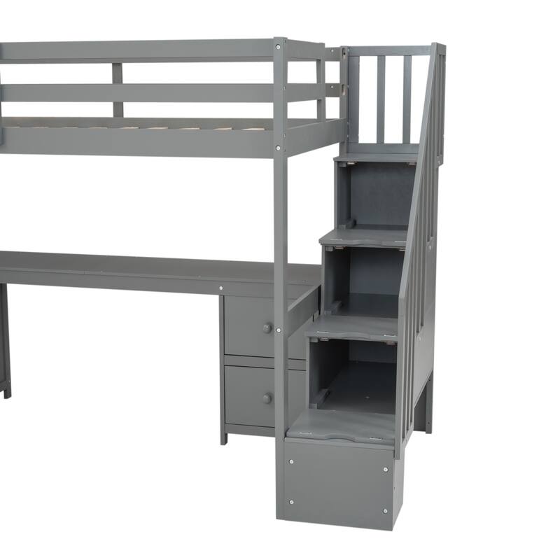 Twin Size Solid Wood Loft Bed with Built-in Desk and Double Storage Drawers