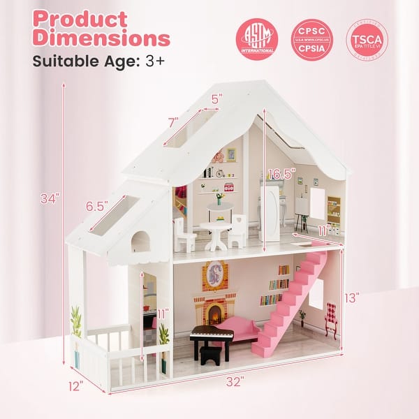 Semi-Opened DIY Dollhouse with Simulated Rooms and Furniture Set-White - 32” x 12” x 34” (L x W x H)