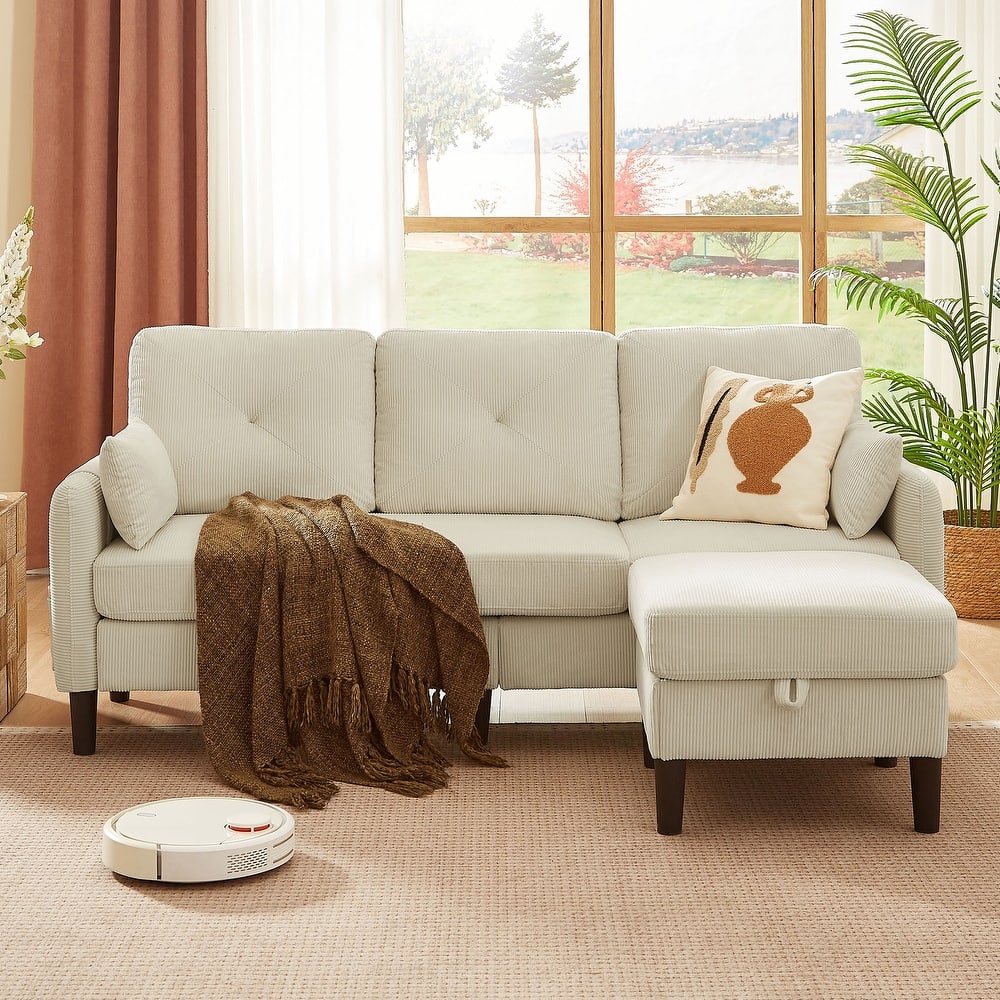 77.17" Corduroy Sectional Sofa with Storage Ottoman and Side Storage Pocket