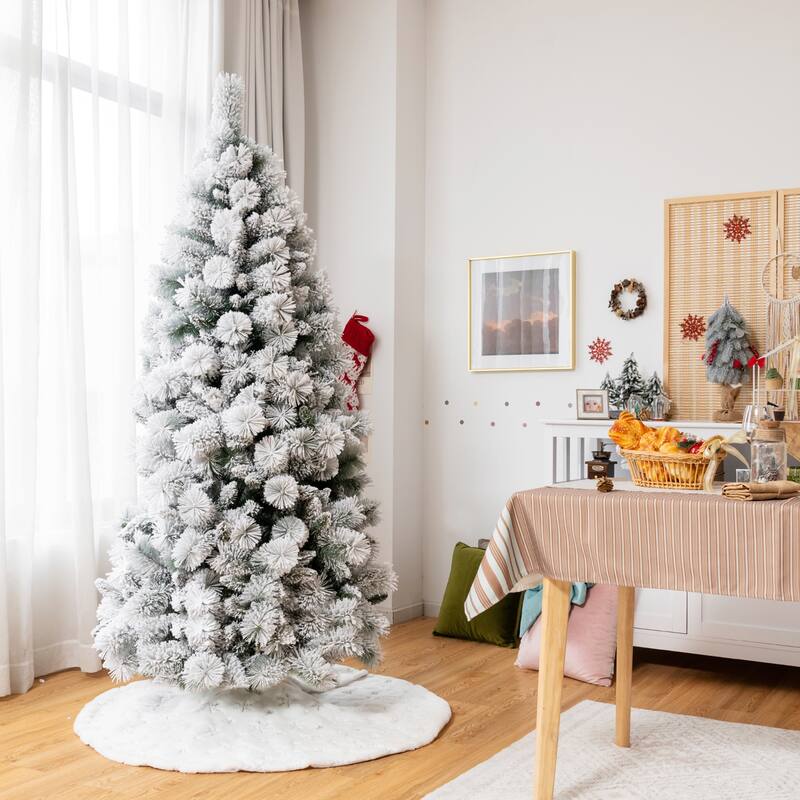 Gymax 5/6/7 FT Artificial Hinged Christmas Tree Snow-Flocked Xmas Tree - See Details