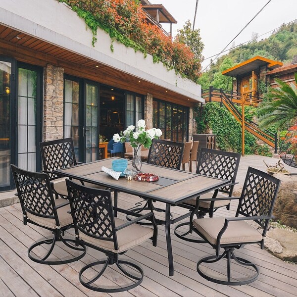 PHI VILLA Outdoor Patio Dining Set 7 Pieces Metal Furniture Set, 6 Swivel Chairs with 1 Rectangular Umbrella Wood Like Table. Opens flyout.
