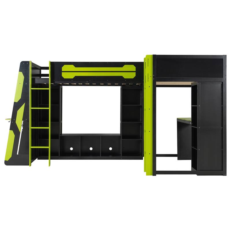 L-shaped Bunk Bed Twin Size Gaming Loft Bed with Desks, TV Stand, Shelves, Light Strip, Charging Station and Reversible Layout
