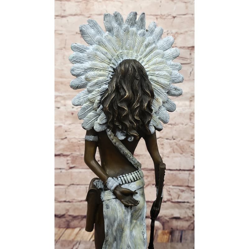 Native American Girl In Feathered Bonnet Bronze Statue Signed Original