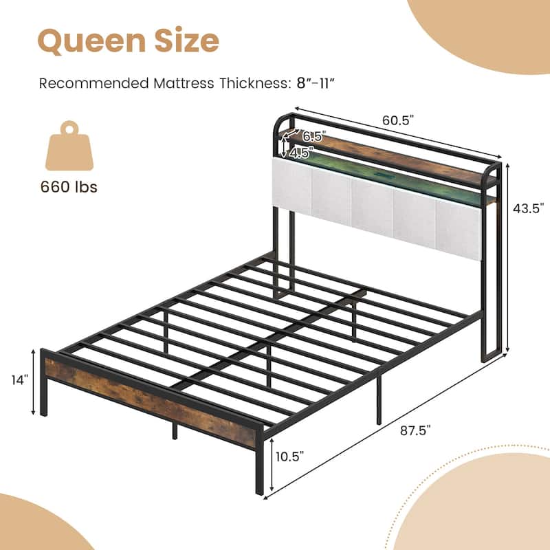 Gymax Queen Size Bed Frame w/ LED Light & Charging Station Heavy Duty