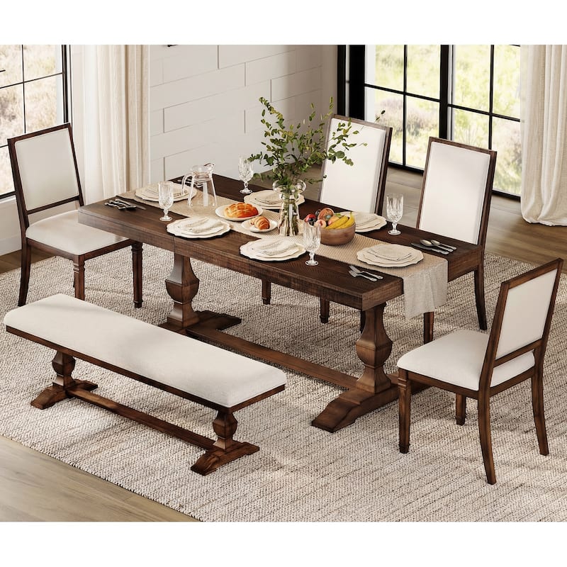 6-pieces Farmhouse Dining Table for 6, 74.8" Kitchen Table Set with 4 Chairs and Bench, Solid Wood Legs and Cushion Seat - Bench & ChairAB