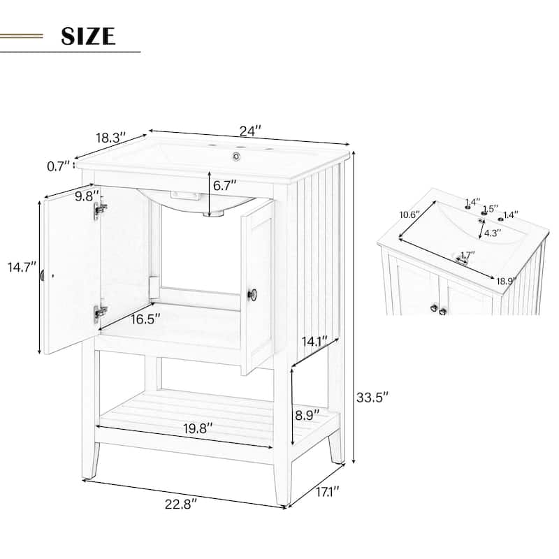 Roomfitters 24" Bathroom Vanity with Ceramic Sink Modern Open Shelf Design Solid Wood Frame for Small Spaces, White