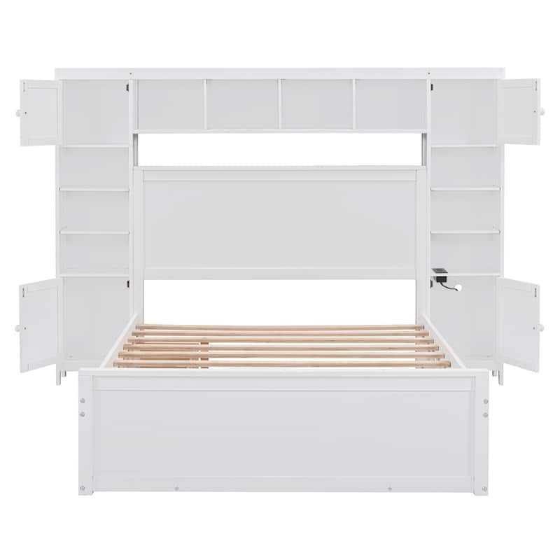 Full Size Wooden Bed With All-in-One Cabinet, Shelf and Sockets