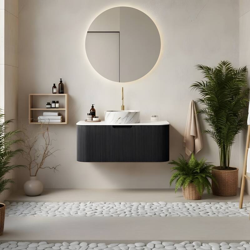 Floating Bathroom with Round Ceramic Basin and Storage Drawer