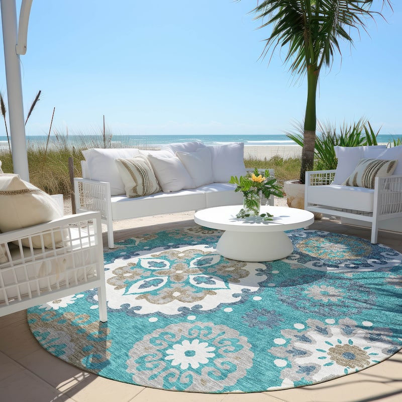 Machine Washable Indoor/ Outdoor Chantille Casual Medallion Rug - Teal - 8' x 8'