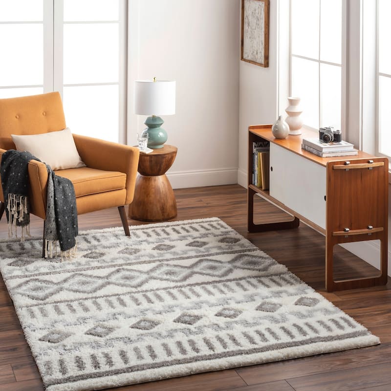 Livabliss Nomadic Boho Striped Plush Area Rug - Grey/Cream - 5' 3" x 7'