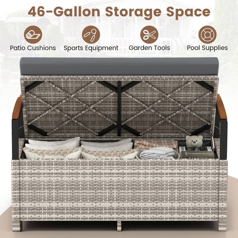 Gymax Outdoor Storage Bench w/Cushion Backrest & Acacia Wood Armrests