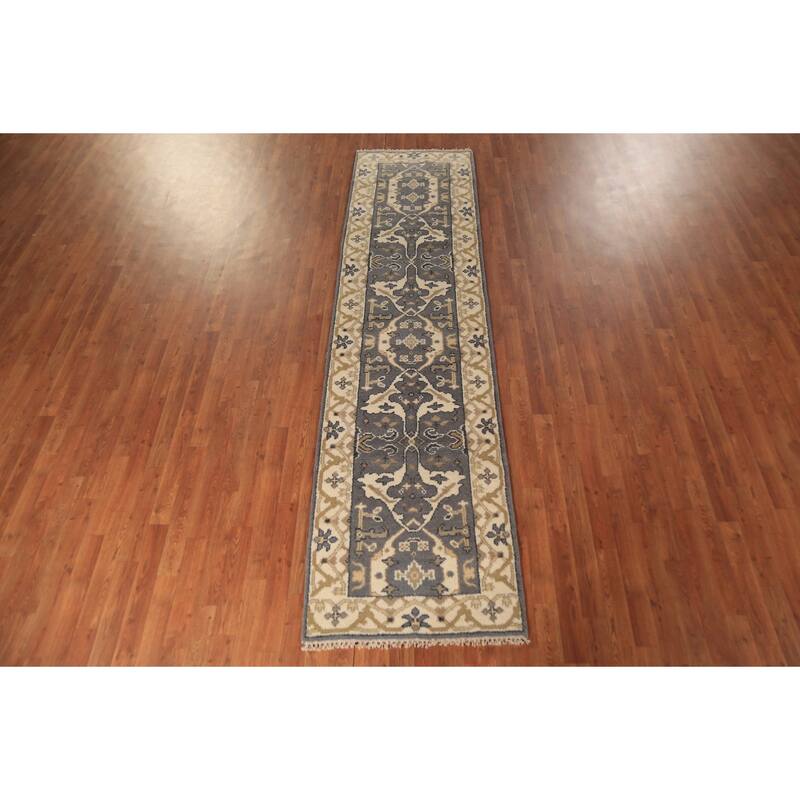 Transitional Gray Oushak Indian Runner Rug Hand-Knotted Wool Carpet - 2'6" x 9'10"