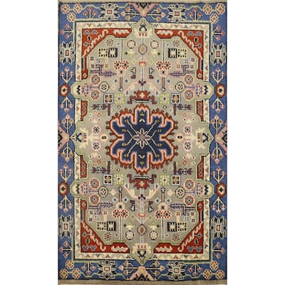 Hand Knotted Oriental 100% Wool Carpet Traditional Geometric Beige & Ivories Kazak Area Rug - 5' 10'' X 4' 0''