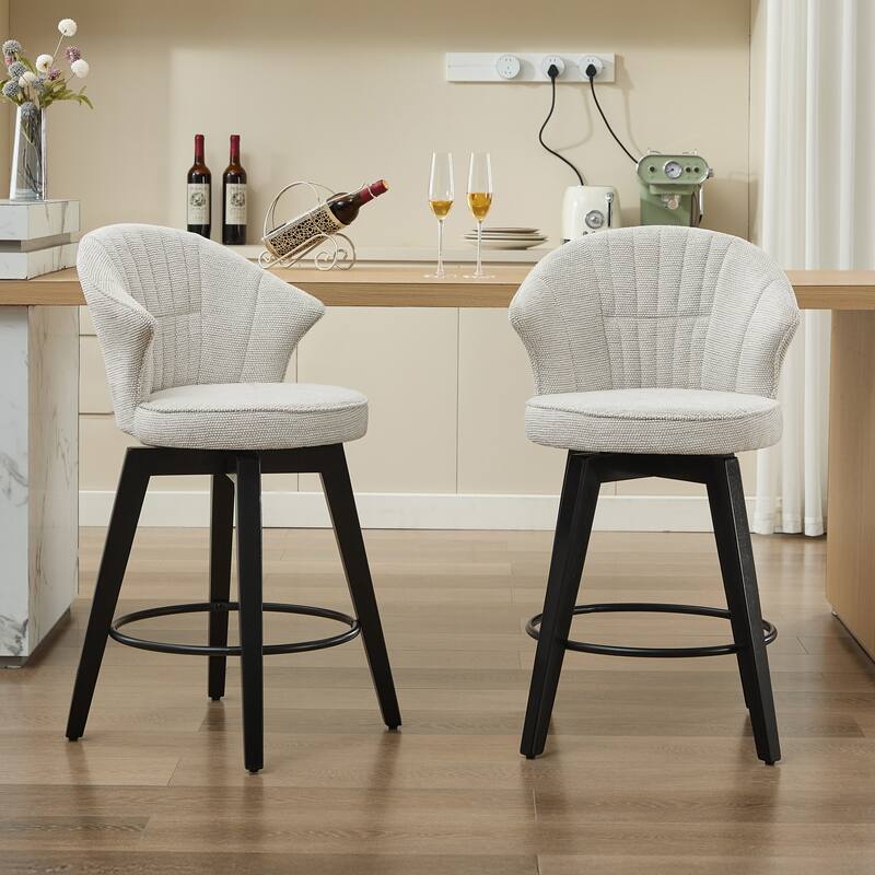 Set of 2 Chenille Upholstered Swivel Bar Stools with Solid Wood Legs and Wing Back