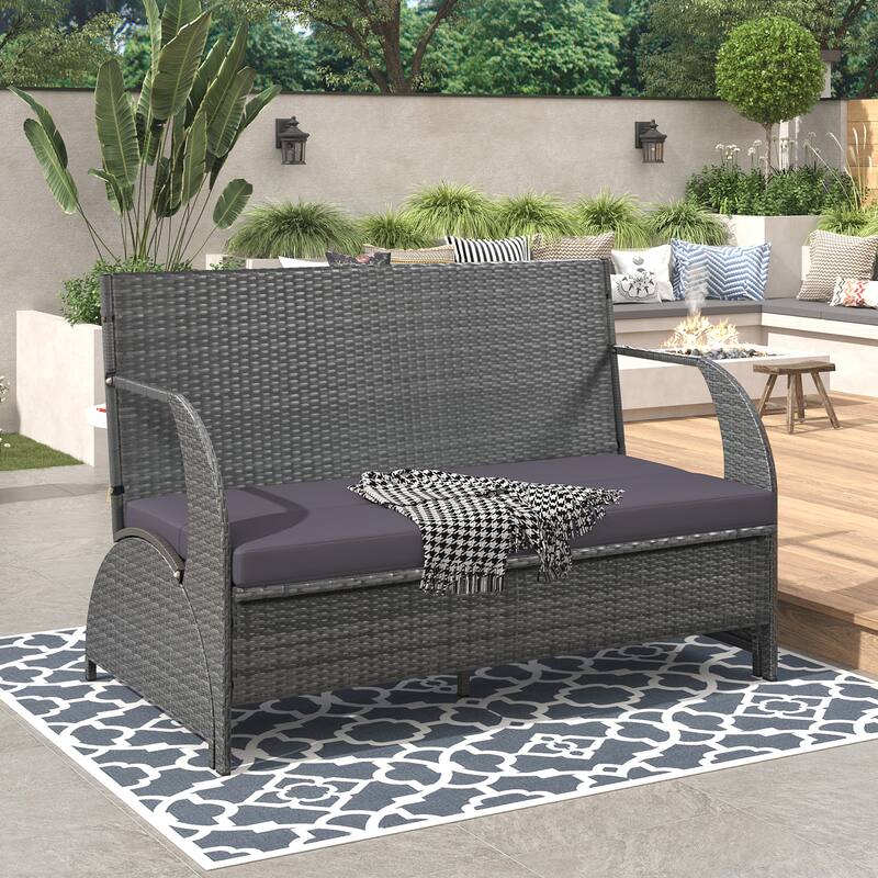 All Weather Outdoor Rattan Loveseat Sofa with Removable Cushions, Convertible to 4 Seats and Table