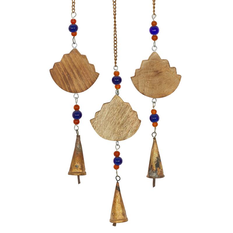 Brown Mango Wood Handmade Hamas Buddha Windchime with Glass Beads and Cone Bells - 5 x 1 x 32
