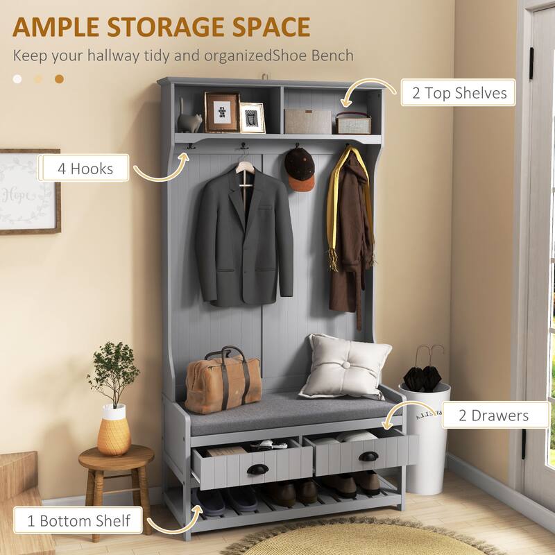 HOMCOM Coat Rack and Bench Hall Tree Organizer with 4 Hooks, 2 Drawers with Padded Seat Cushions for Entryway, Gray
