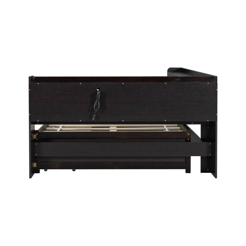 Wooden Platform Sofa Bed Frame with L Shaped Bookcase and Charging Station, Living Room Corner Daybed with 2 Storage Drawers