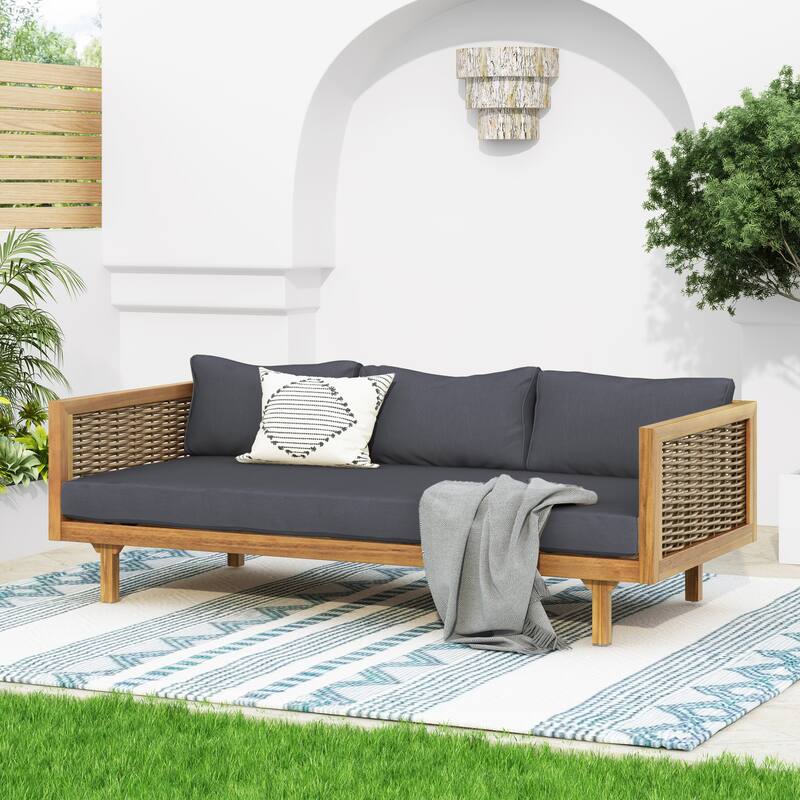 Acacia Wood Daybed with Rattan Arms Slat Paneling and Water Resistant Cushions - Dark Gray,Teak