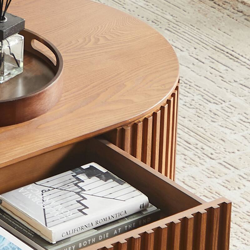 51.18" Oval Wood Coffee Table with Drawer, Mid-Century Modern Tea Table, Handcrafted Relief Center Table