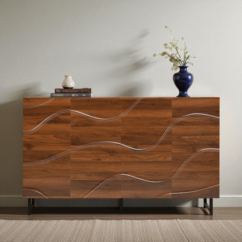 59" Modern Walnut Wave Relief Sideboard Buffet Cabinet, Solid Wood Storage Cabinet with Iron Legs for Living Room