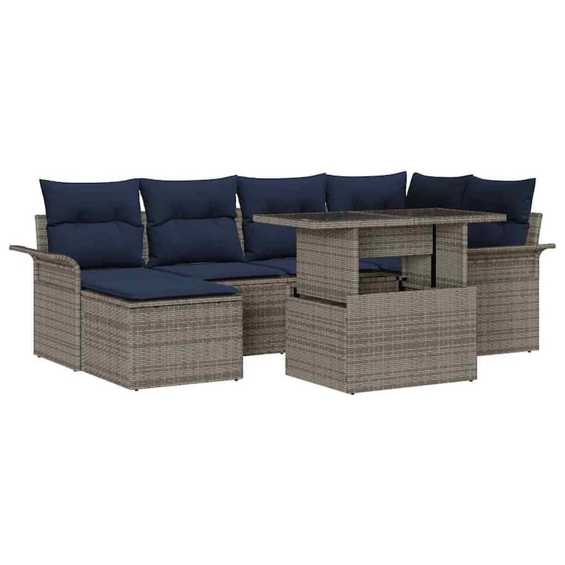 vidaXL 7 Garden Sofa Set with Cushions Black/Brown/Grey Poly Rattan - 95.5 x 52.2 x 27.2