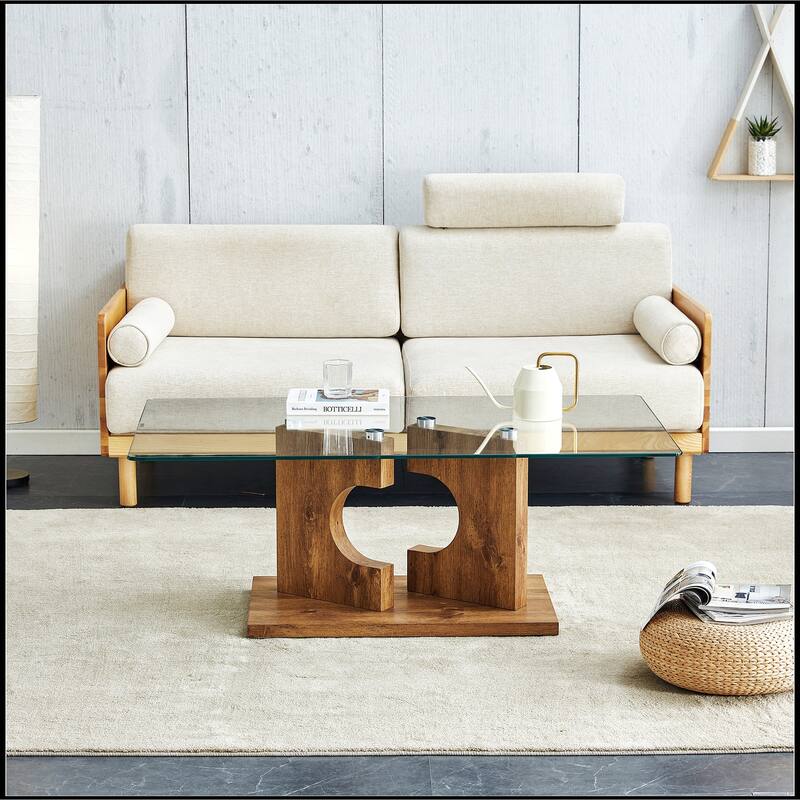 Rectangular Coffee Table with Tempered Glass Tabletop and White MDF Legs