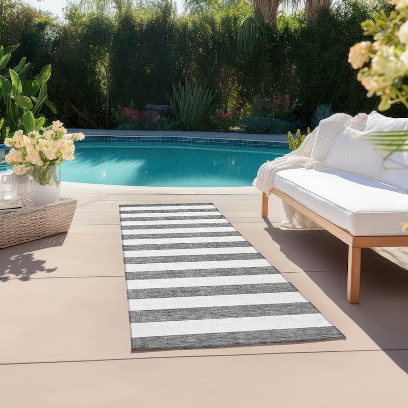 Machine Washable Indoor/ Outdoor Cabana Stripe Chantille Rug - Charcoal - 2'3" x 7'6"