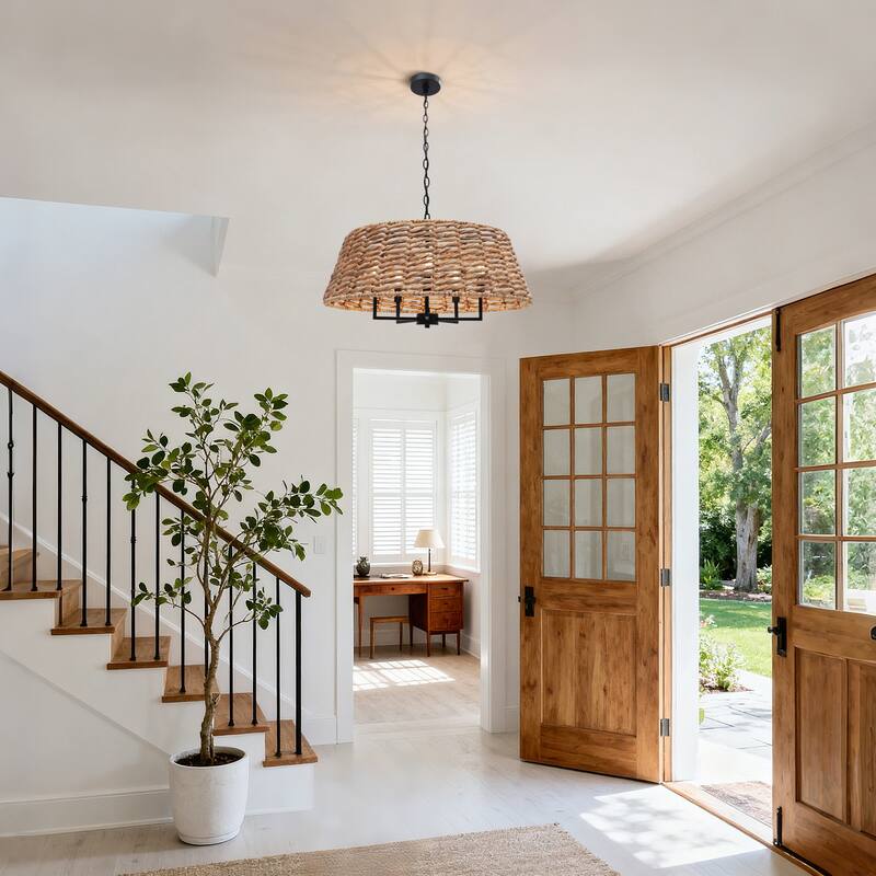 Farmhouse 5-Light Rattan Drum Chandelier Coastal Pendant for Kitchen Island Dining Room - 26" W x 13" H