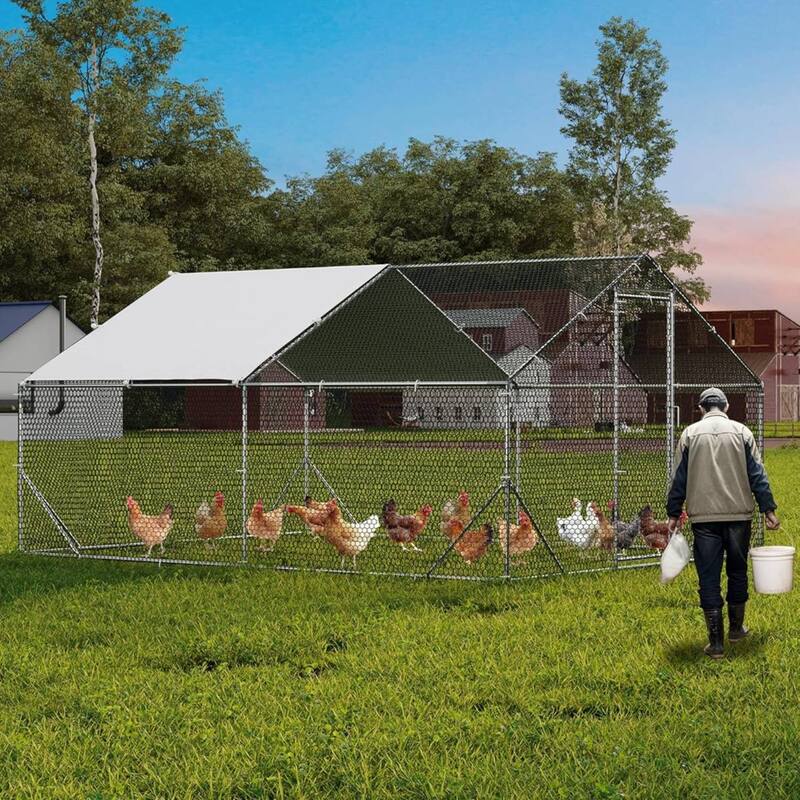 Large Metal Chicken Coop, Walk in Poultry Cage for 20/ 30 Chickens - 118" W x 158" D x 79" H