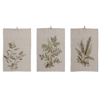 Cotton and Linen Printed Tea Towel with Botanical Image and Loop - 28" x 18"