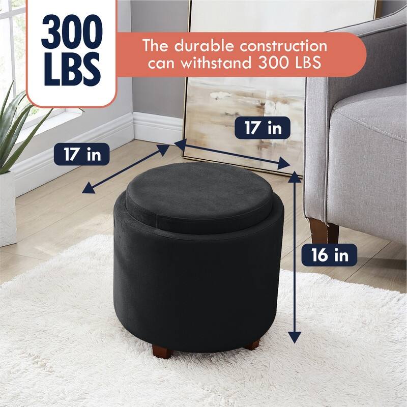 Ornavo Home Lawrence Round Storage Ottoman with Lift Off Lid and Tray Lid Coffee Table