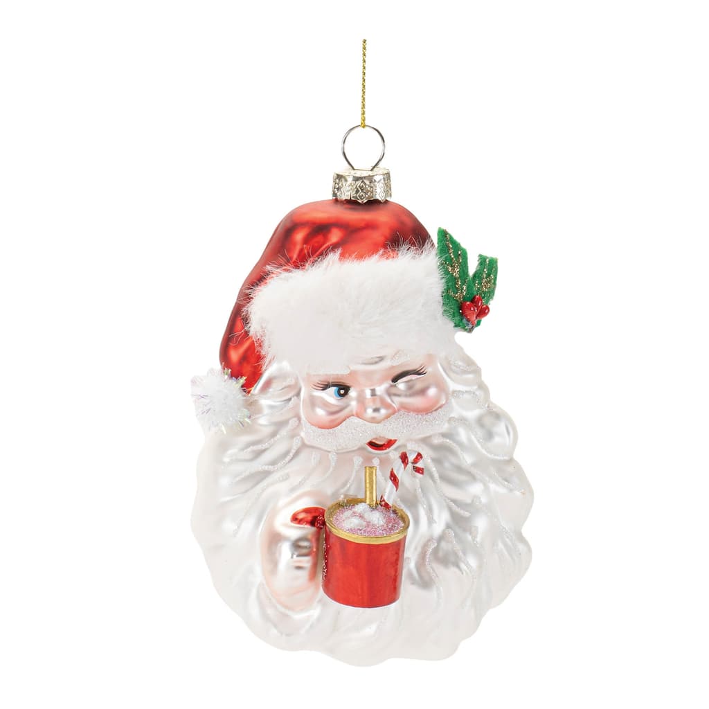 Glass Santa Ornaments Set of 6 with Hot Cocoa Design and Glitter Accents - 3.5” x 3.5” x 5” (L x W x H)