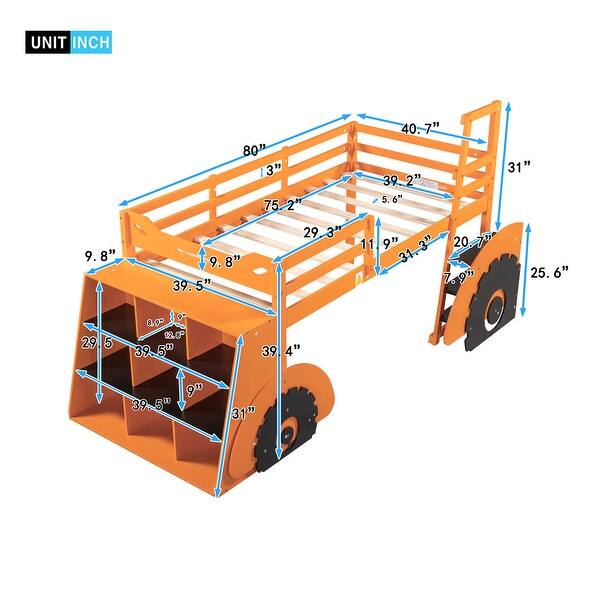 Safety Guaranteed Pine Wood+MDF Twin Size Forklift Car-Shaped Loft Bed with Storage Shelves.
