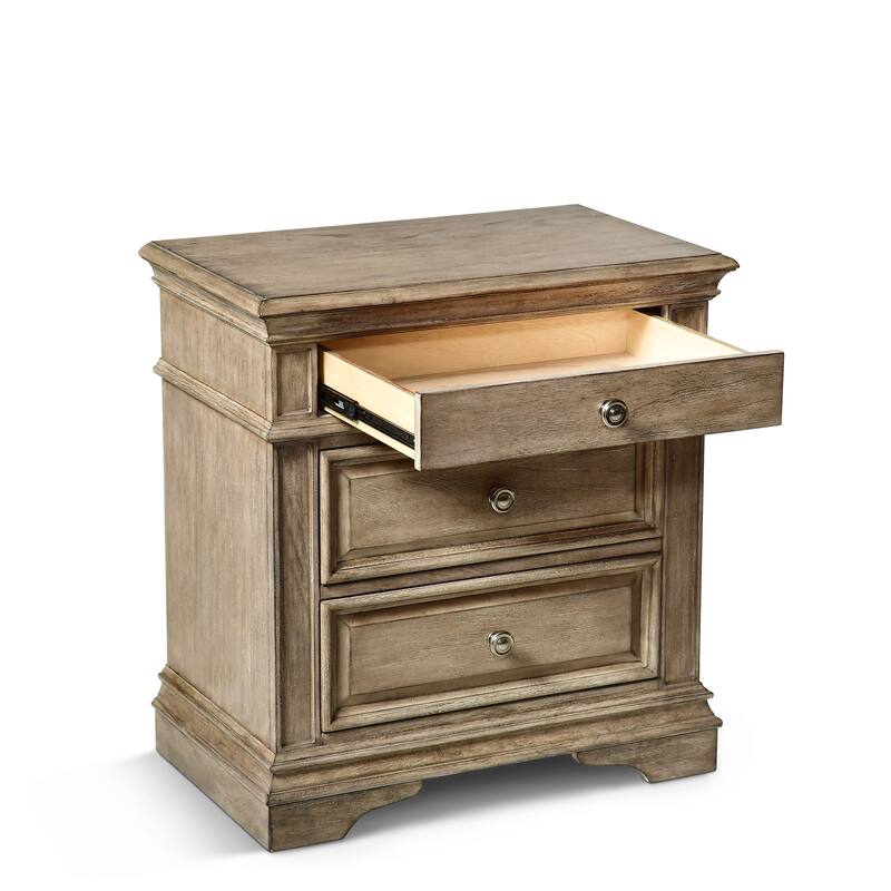 Highland Park Nightstand, Bedside Decorative Table with Nickle Hardware and 3-Drawer, Sofa Side Table with USB Port