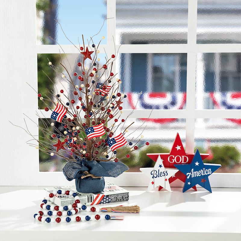 Glitzhome 20"H Patriotic July 4th Berry Stars Table Tree - Flag