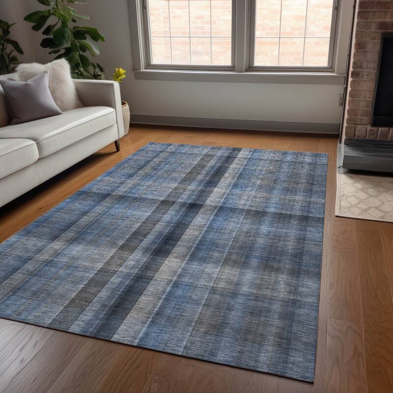 Sax Plaid Weather Resistant Blended Style Outdoor Rug