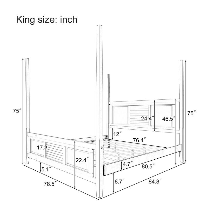 White Bed Frame Canopy Bed Wood Four Poster Bed, Low Profile Platform Bed, No Box Spring Needed, Wood Slat Support Frame Bed